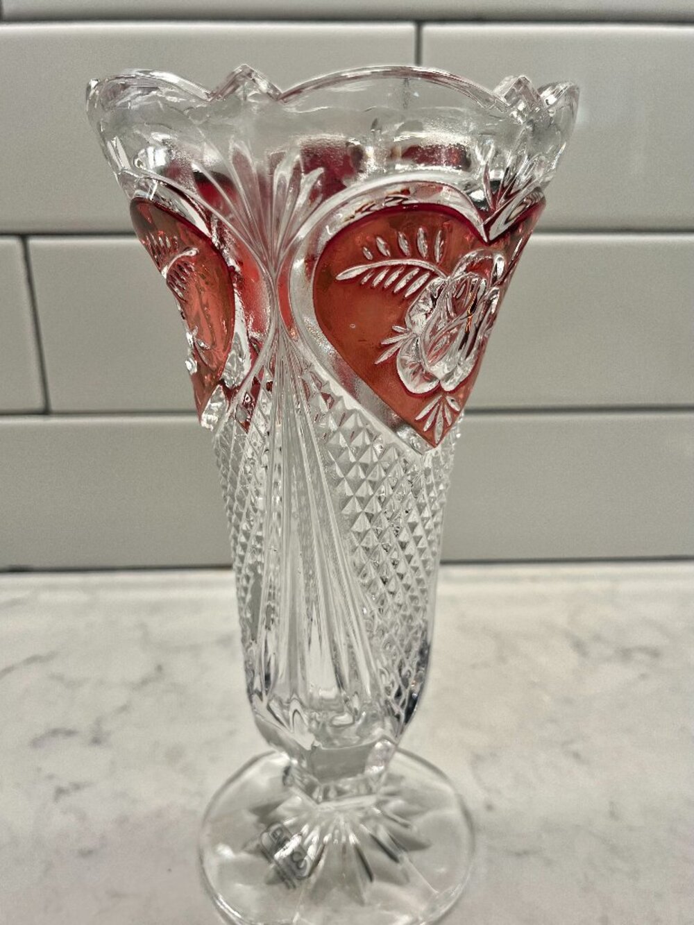 Vintage Enesco Lead Crystal Colored Heart Rose Vase, 8”H